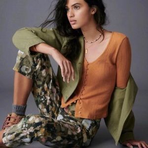 Anthropologie Beatrice Ribbed V-Neck Long Sleeve Tee Top Orange